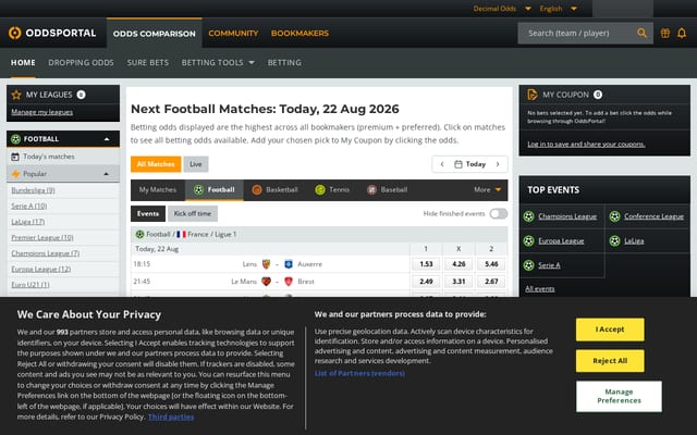 Screenshot of oddsportal.com