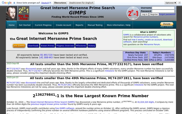 Screenshot of mersenne.org