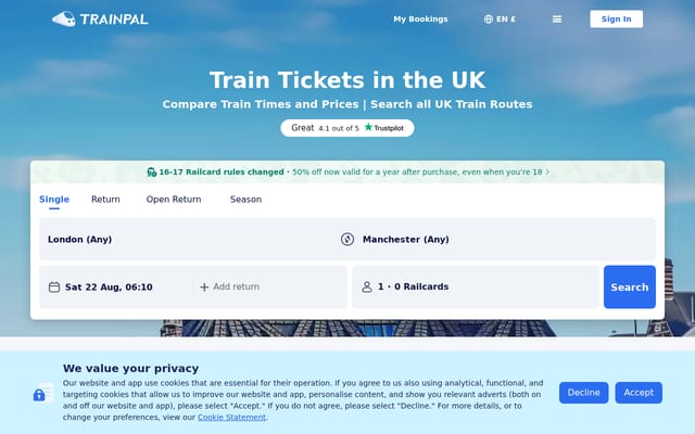 Screenshot of mytrainpal.com