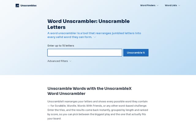 Screenshot of unscramblex.com
