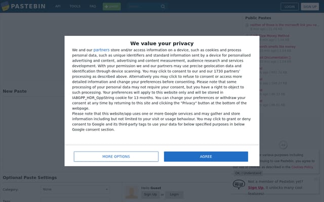 Screenshot of pastebin.com