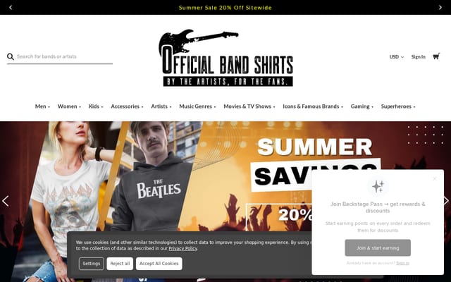 Screenshot of officialbandshirts.com