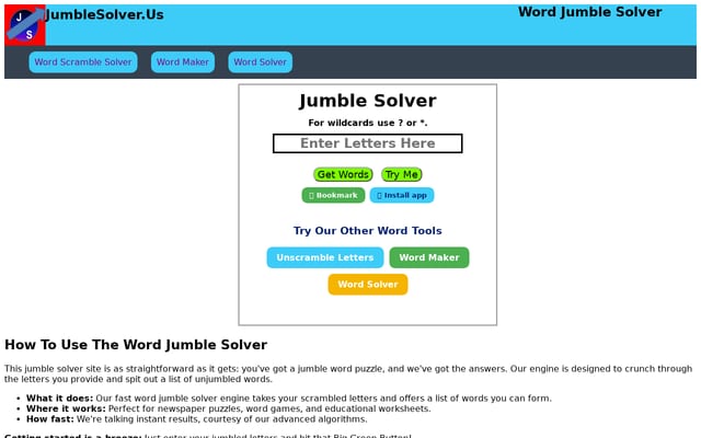 Screenshot of jumblesolver.us