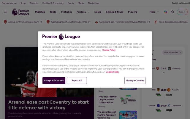 Screenshot of premierleague.com