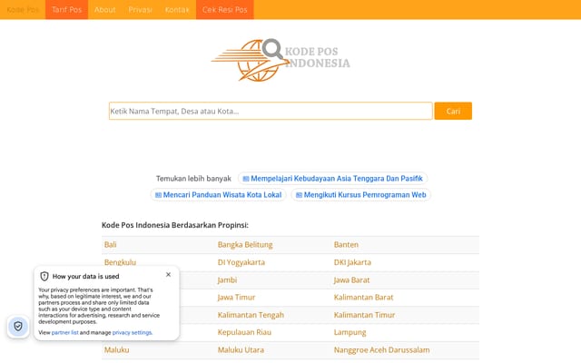 Screenshot of carikodepos.com