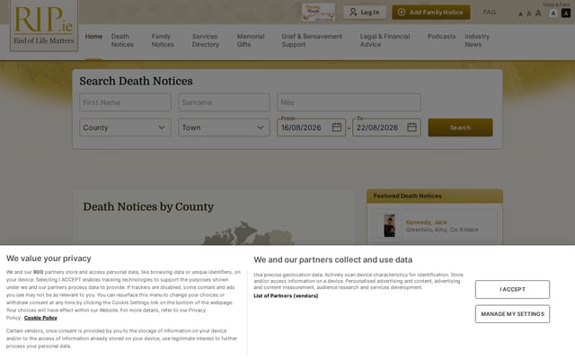 Screenshot of rip.ie