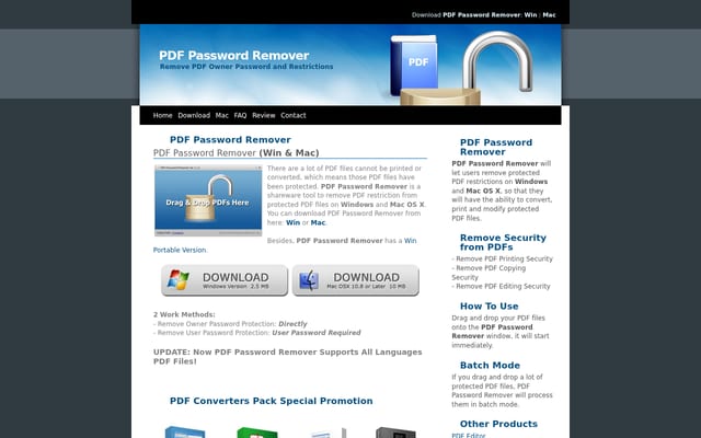 Screenshot of pdfpasswordremover.com