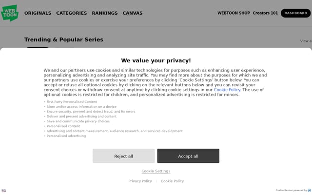 Screenshot of webtoons.com