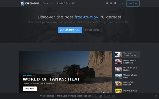 Screenshot of freetogame.com