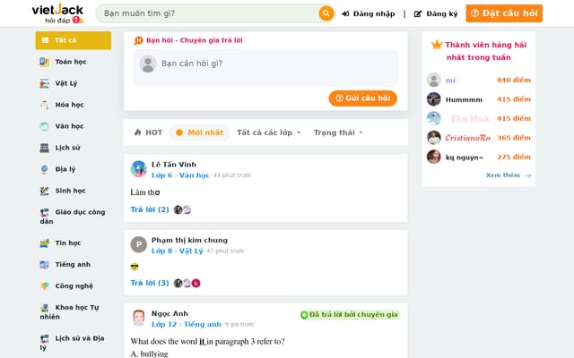Screenshot of hoidapvietjack.com