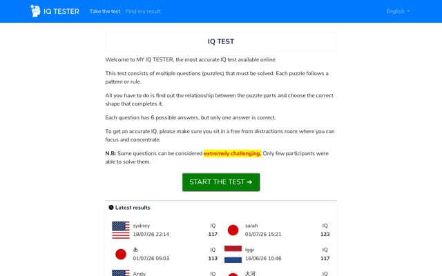 Screenshot of myiqtester.com