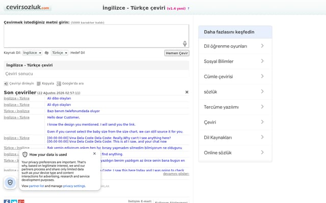 Screenshot of cevirsozluk.com