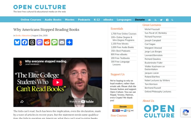 Screenshot of openculture.com