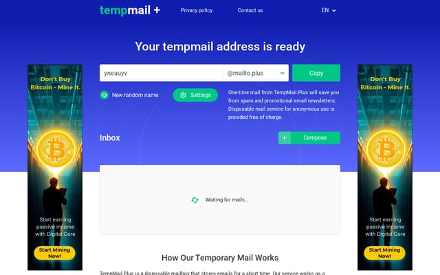 Screenshot of tempmail.plus