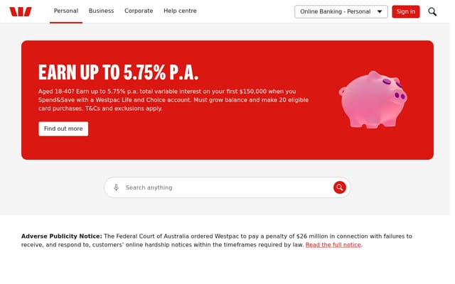 Screenshot of westpac.com.au