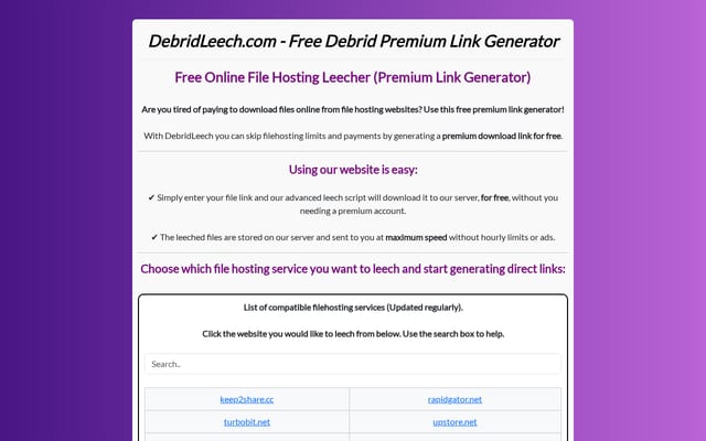 Screenshot of debridleech.com