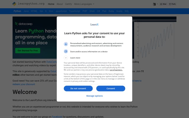Screenshot of learnpython.org