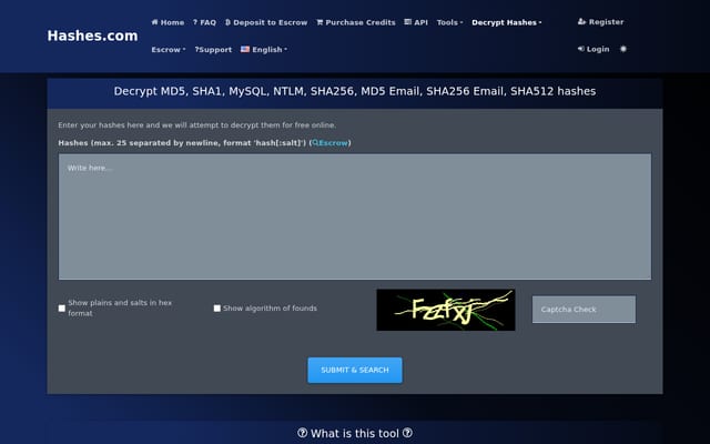 Screenshot of hashes.com