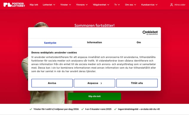Screenshot of postkodlotteriet.se
