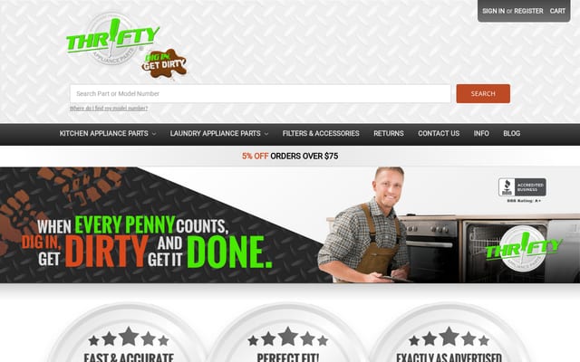 Screenshot of thriftyapplianceparts.com