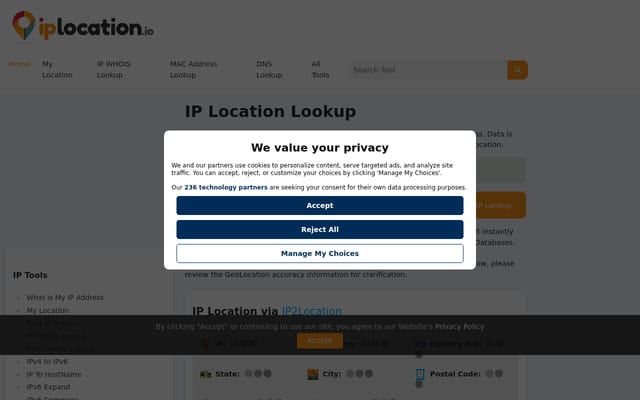 Screenshot of iplocation.io