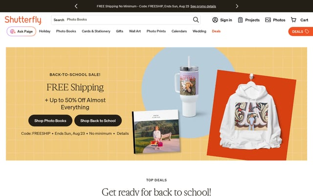 Screenshot of shutterfly.com