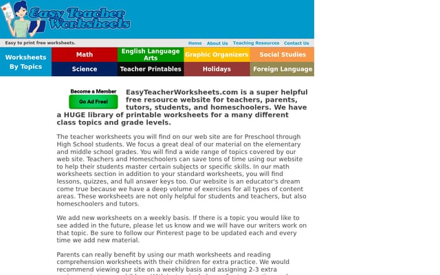 Screenshot of easyteacherworksheets.com