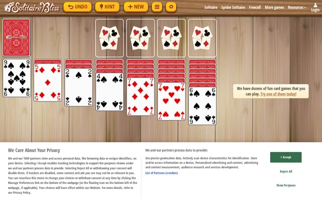 Screenshot of solitairebliss.com