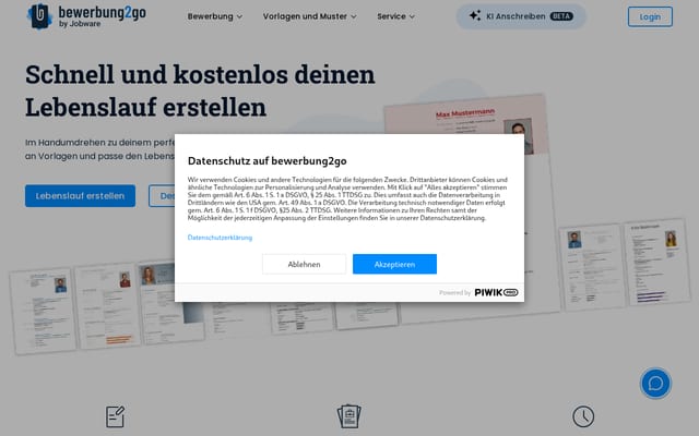 Screenshot of lebenslauf2go.de