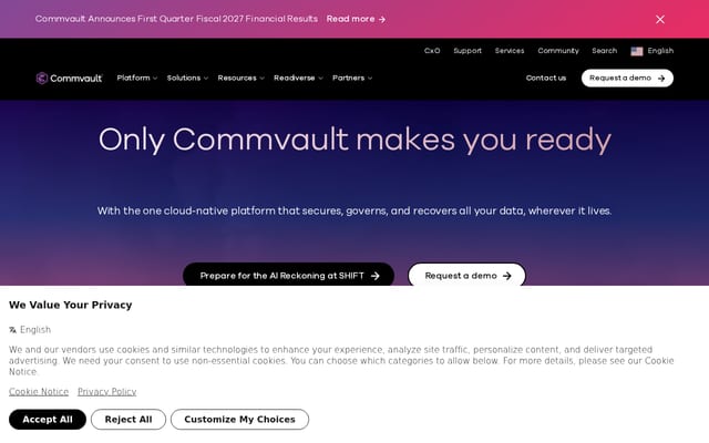 Screenshot of commvault.com