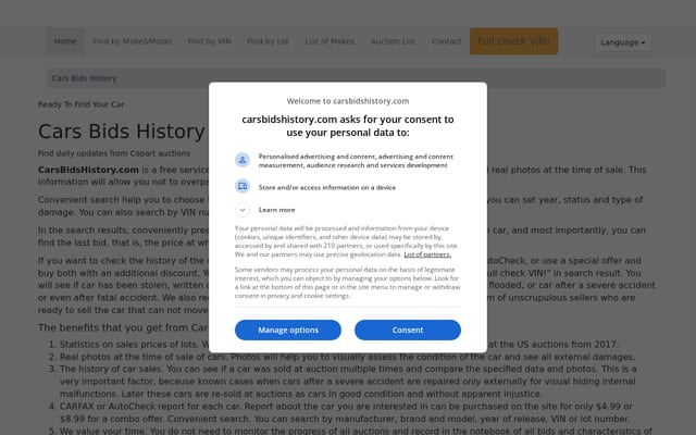 Screenshot of carsbidshistory.com