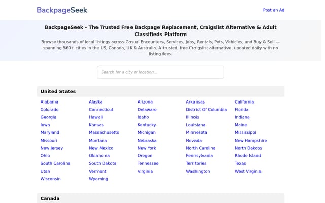 Screenshot of backpageseek.com
