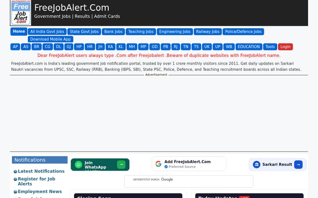 Screenshot of freejobalert.com