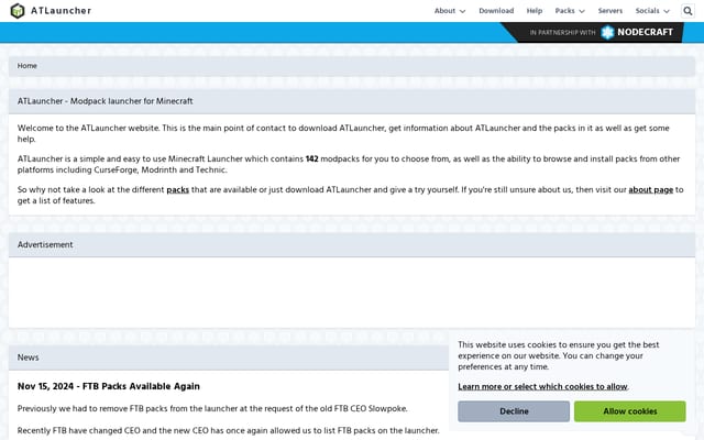 Screenshot of atlauncher.com