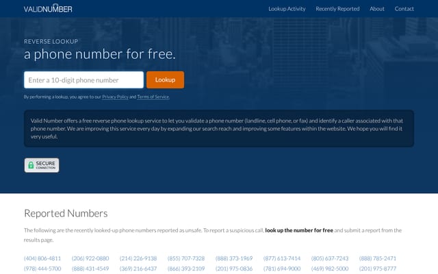 Screenshot of validnumber.com
