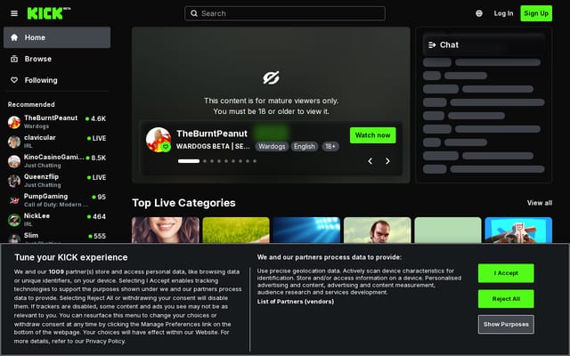 Screenshot of kick.com