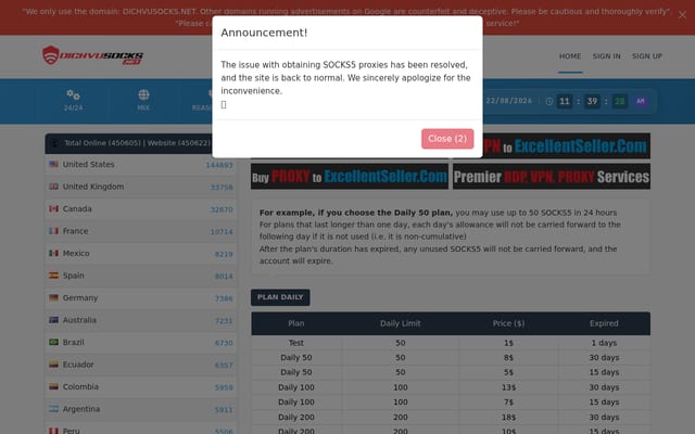 Screenshot of dichvusocks.net
