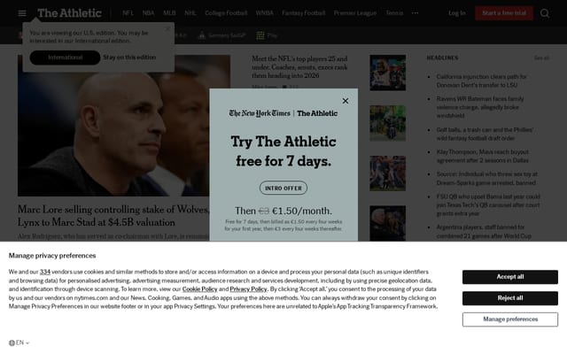 Screenshot of theathletic.com