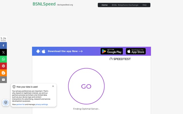 Screenshot of bsnlspeedtest.org