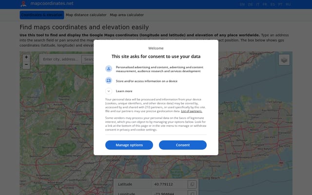 Screenshot of mapcoordinates.net