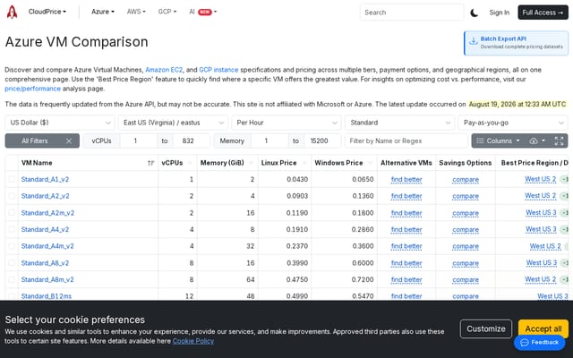 Screenshot of azureprice.net