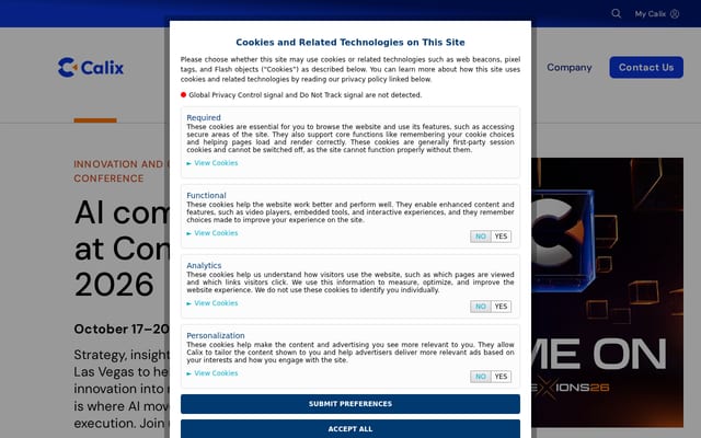 Screenshot of calix.com