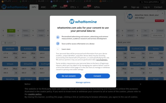Screenshot of whattomine.com