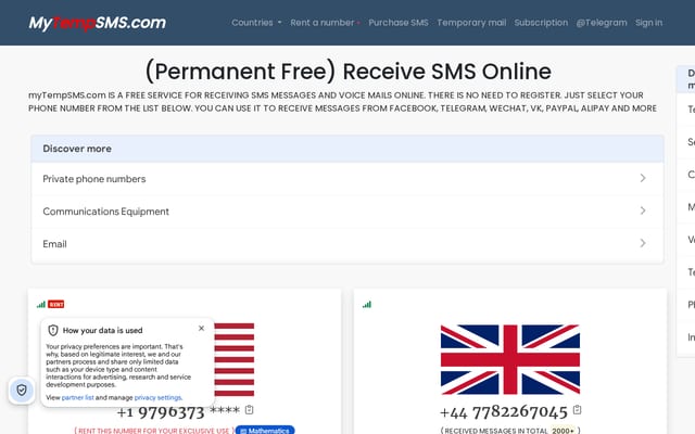 Screenshot of mytempsms.com