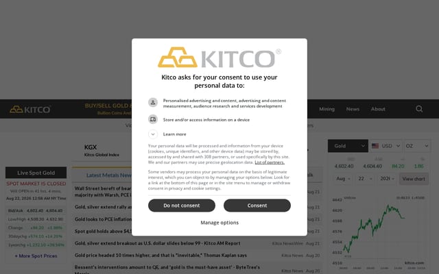 Screenshot of kitco.com