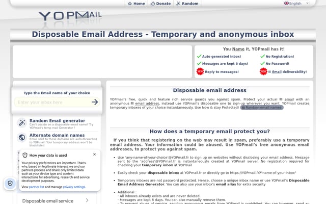 Screenshot of yopmail.fr