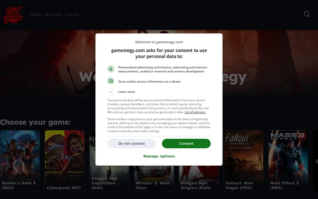 Screenshot of gamestegy.com