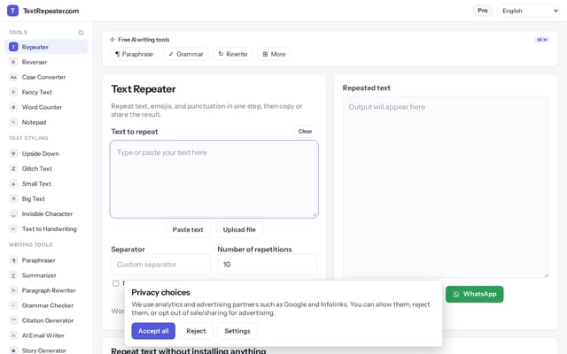 Screenshot of textrepeater.com