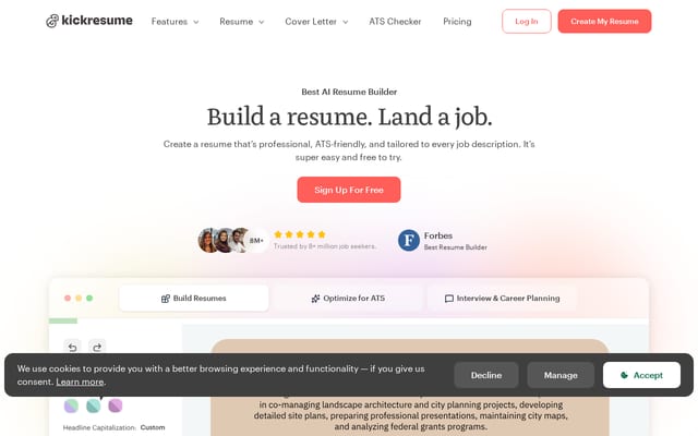 Screenshot of kickresume.com