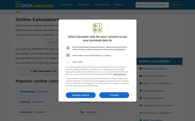 Screenshot of gigacalculator.com